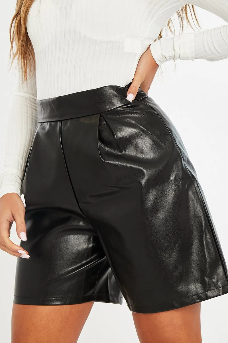 Black Faux Leather Tailored Longline Short - Gloria