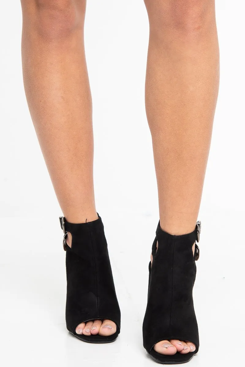 Black Faux Suede Peep Toe Block Heel Boots - Kenzy