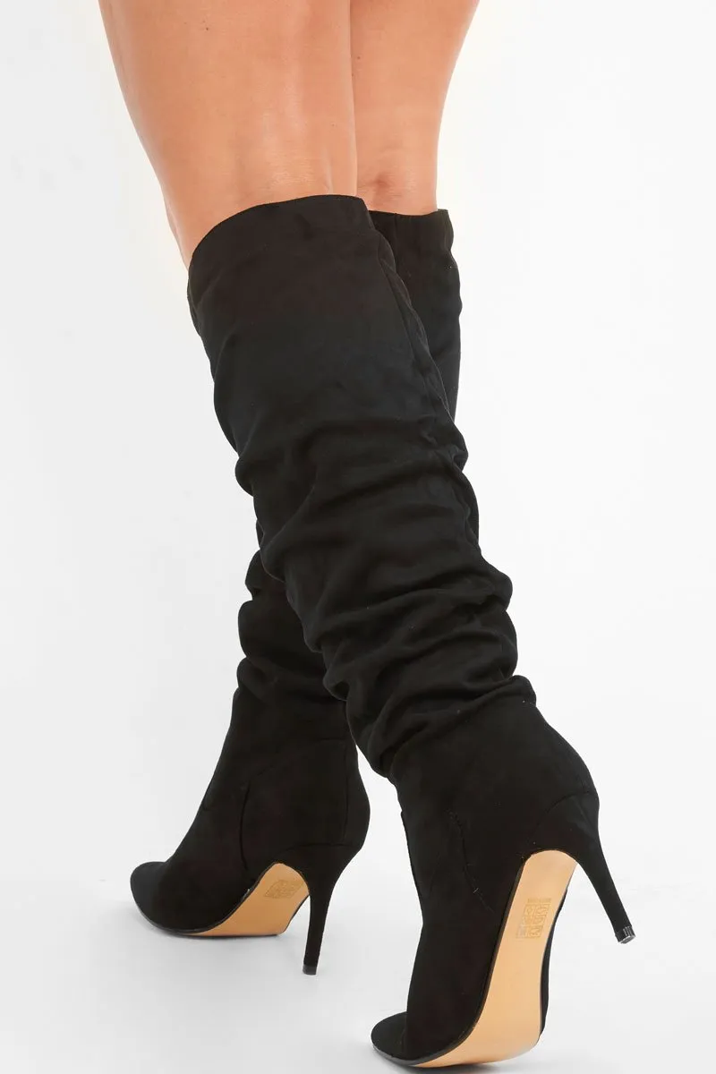 Black Faux Suede Slouchy Knee High Boots - Faviola