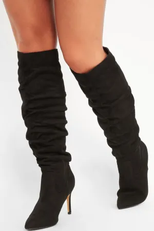 Black Faux Suede Slouchy Knee High Boots - Faviola