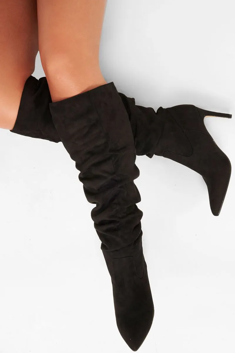 Black Faux Suede Slouchy Knee High Boots - Faviola