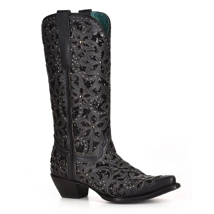 Black Inlay Sequins Studs Embroidery Western Boot - Corral Boots at Bourbon Cowgirl