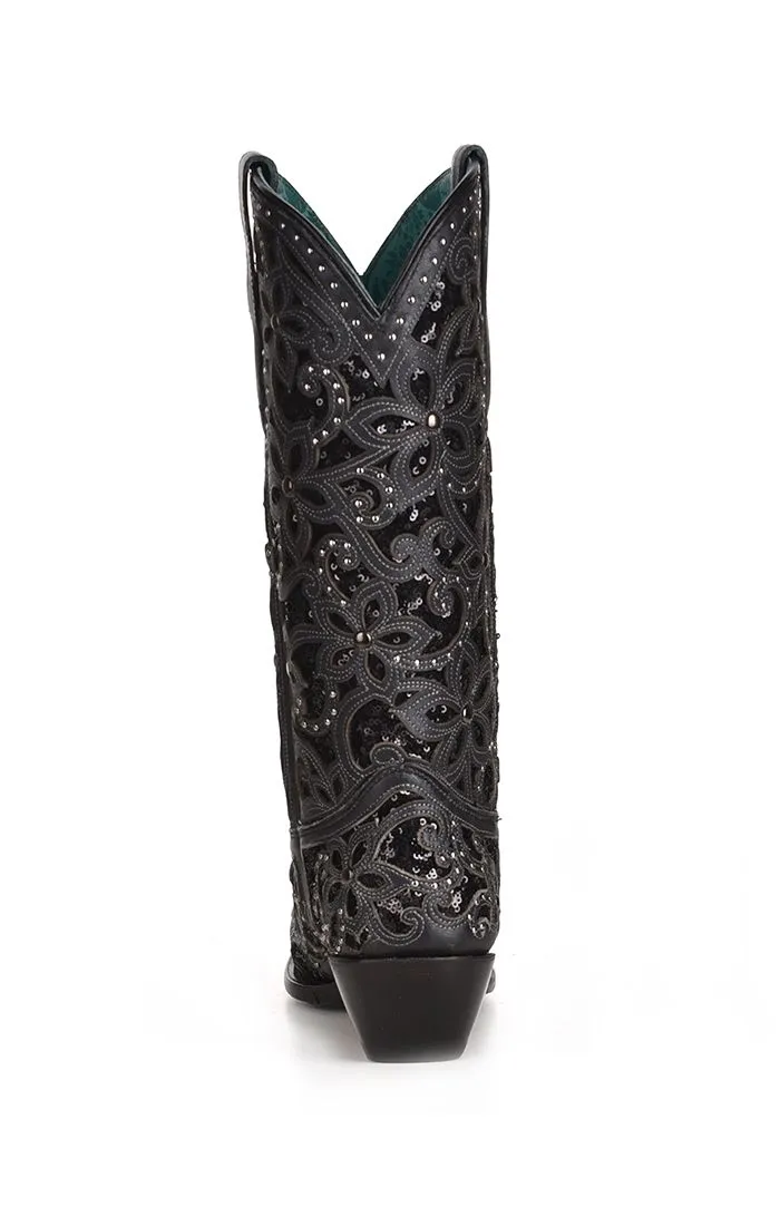 Black Inlay Sequins Studs Embroidery Western Boot - Corral Boots at Bourbon Cowgirl