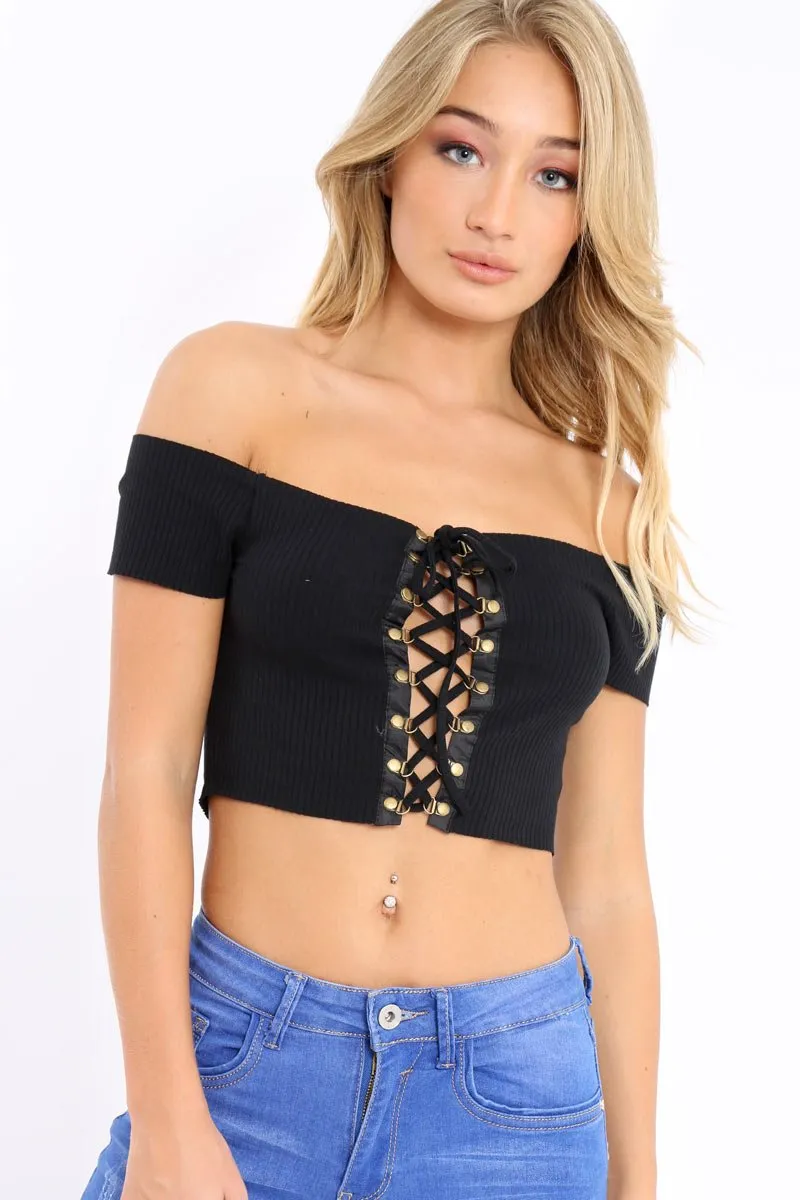 Black Ribbed Lace Up Bardot Crop Top - Arianna