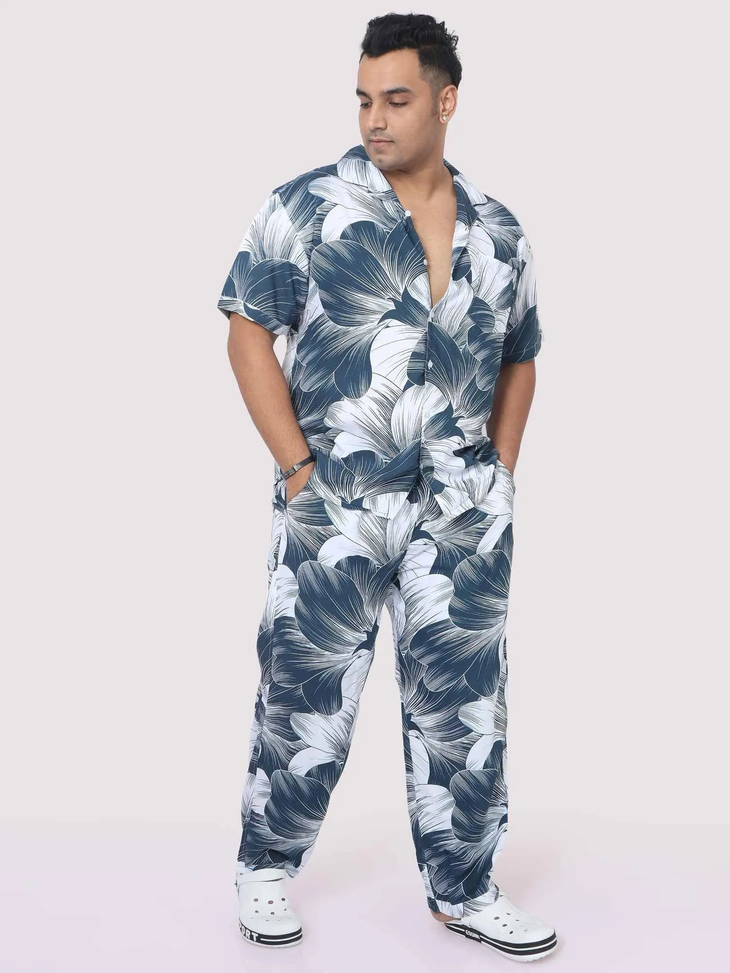 Blue-Grey Big Flower Digital Printed Full Co-Ords Men's Plus Size