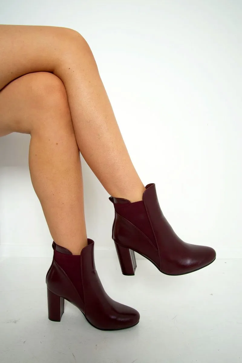 Burgundy PU Block Heel Ankle Boots - Karlei