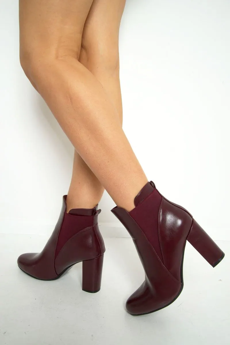 Burgundy PU Block Heel Ankle Boots - Karlei