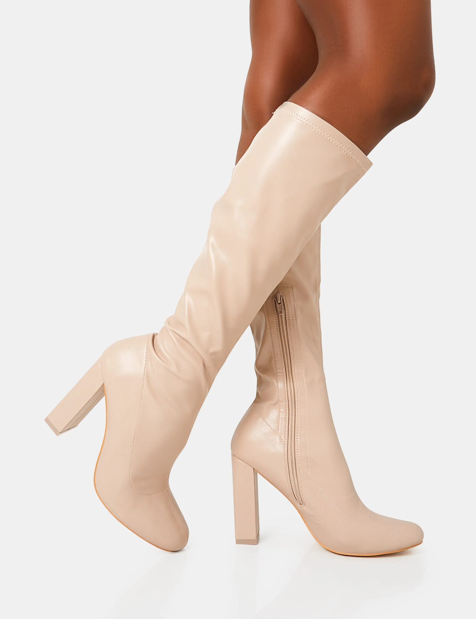 Christina Wide Fit Nude Pu Pointed Toe Block Heel Knee High Boots