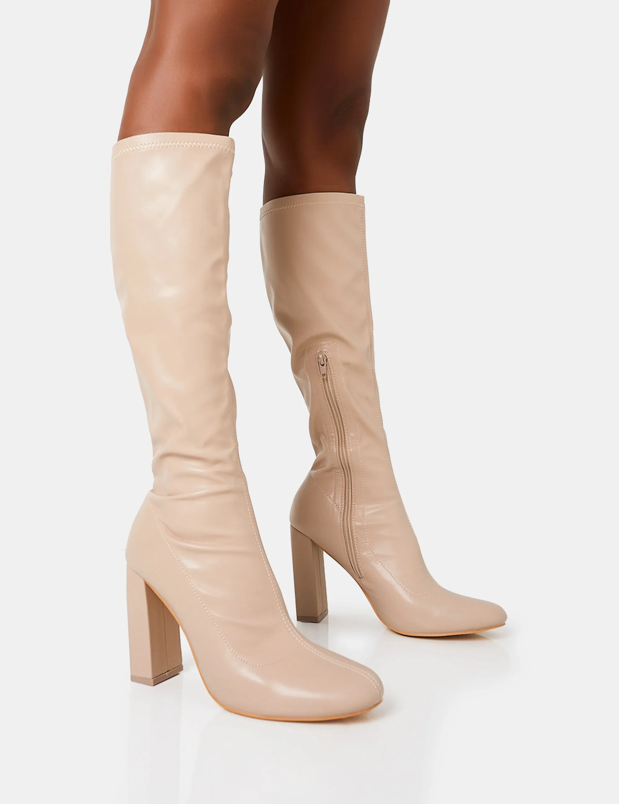 Christina Wide Fit Nude Pu Pointed Toe Block Heel Knee High Boots