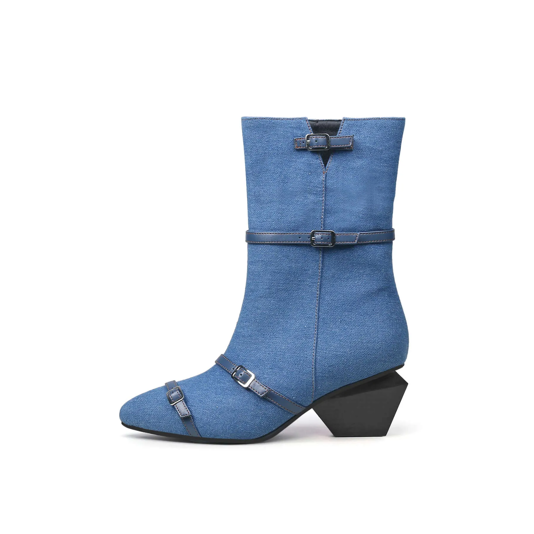 Cross Buckle Straps Denim Blue Mid Thigh Boots