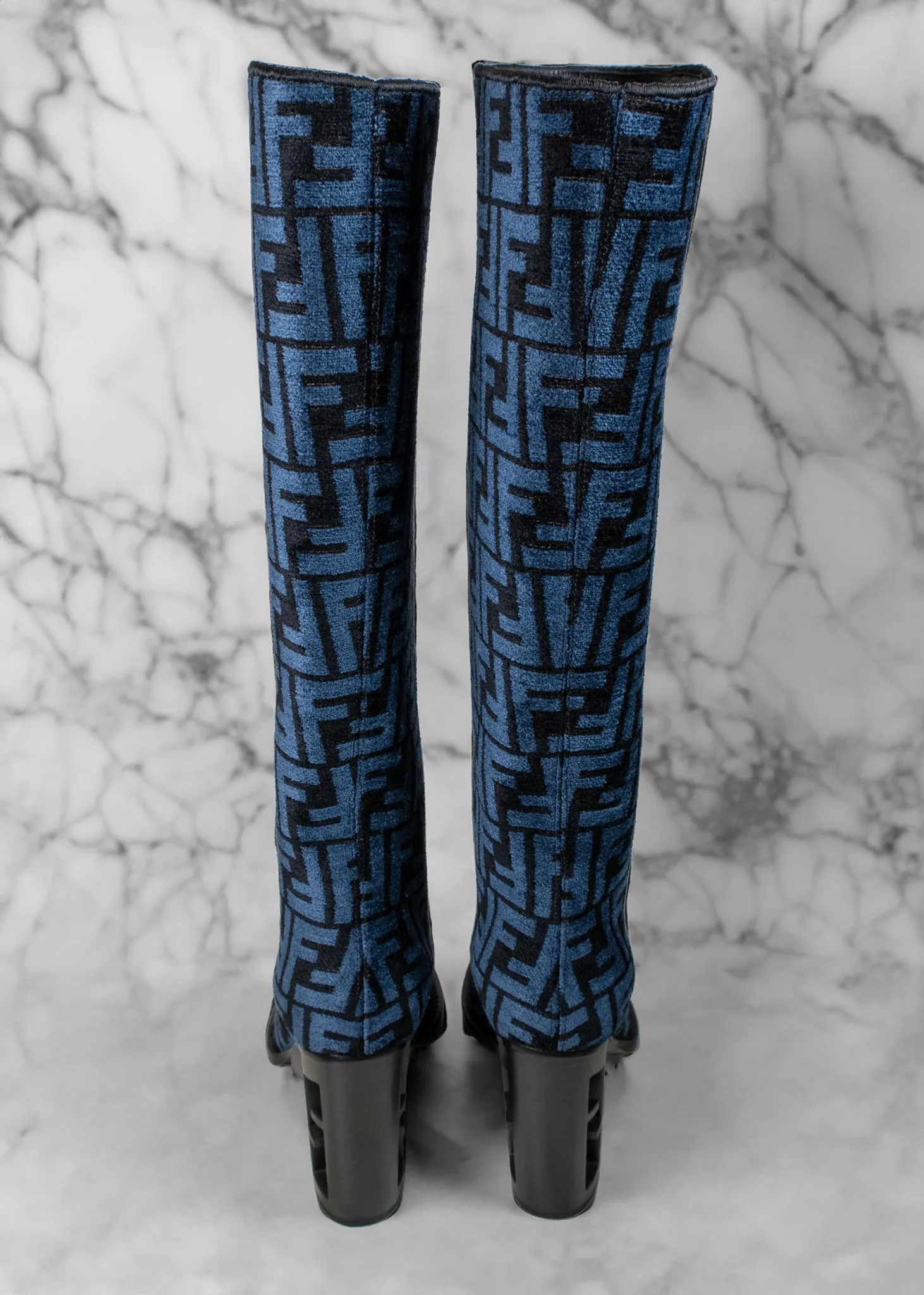 Fendi Blue and Black Jacquard Chenille Knee Length Boots