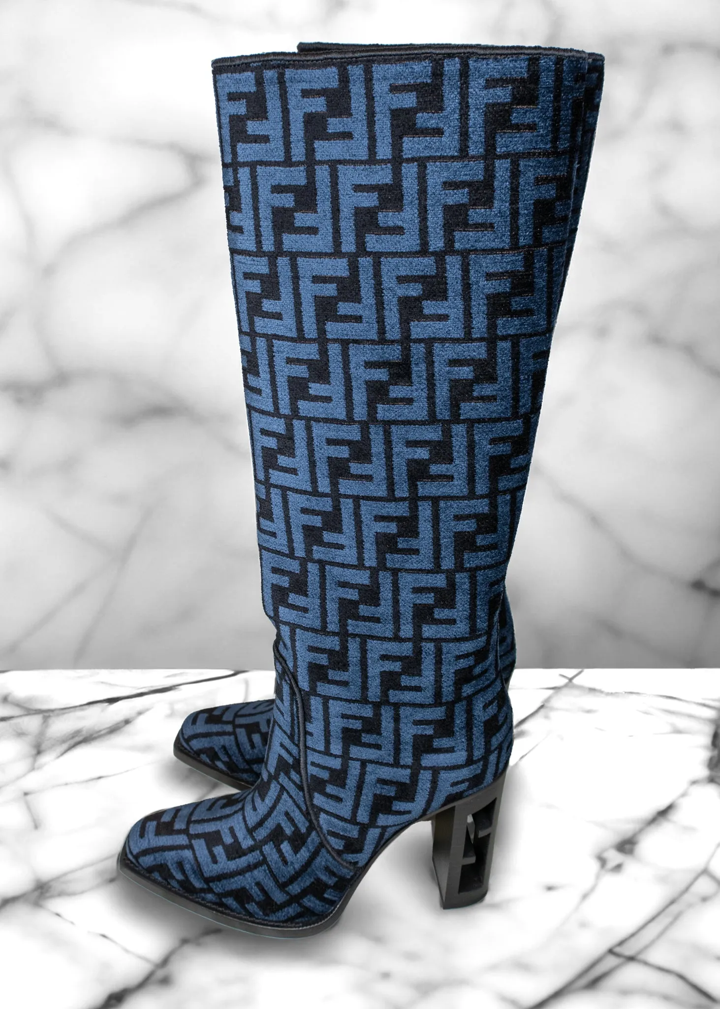 Fendi Blue and Black Jacquard Chenille Knee Length Boots