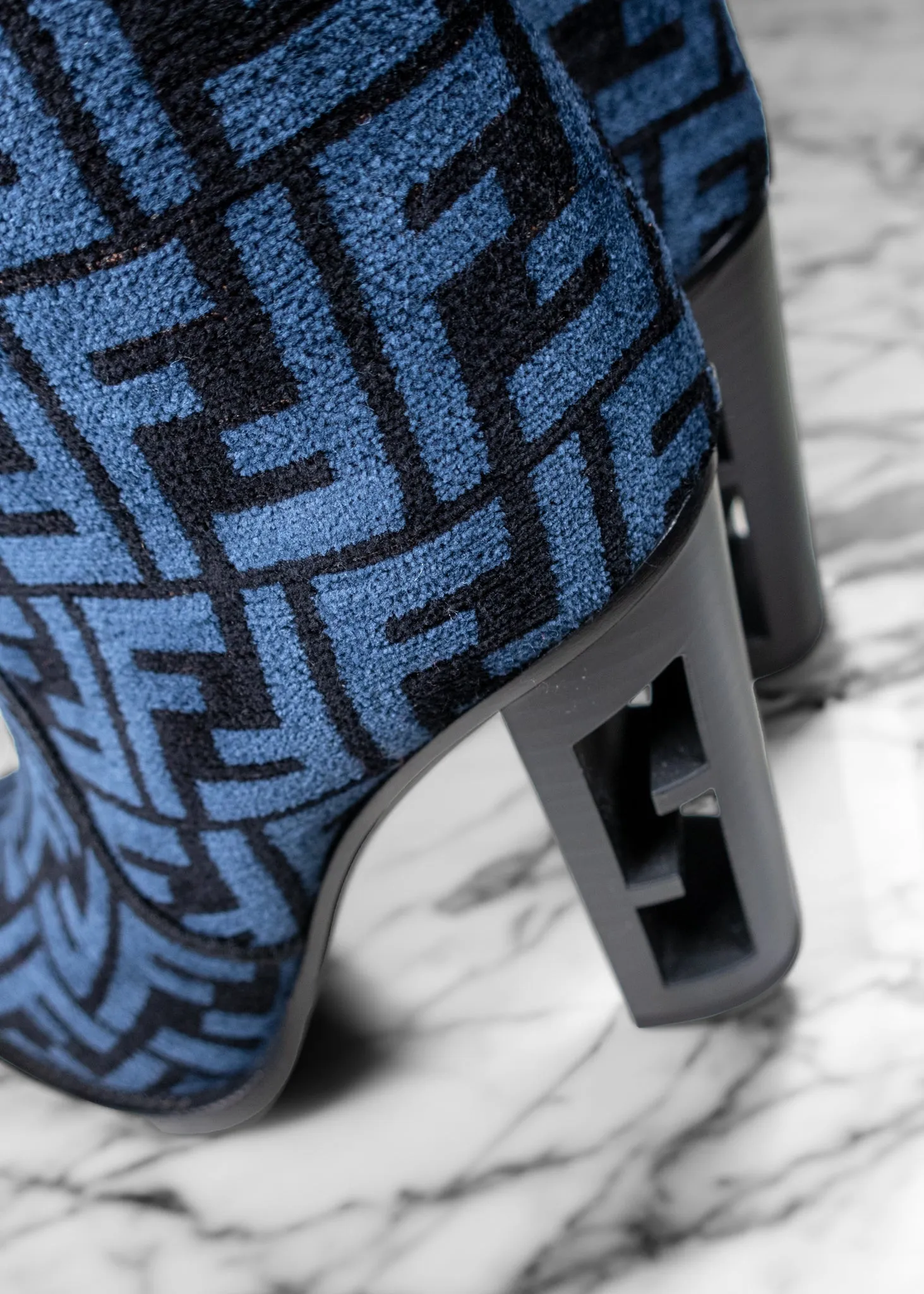 Fendi Blue and Black Jacquard Chenille Knee Length Boots