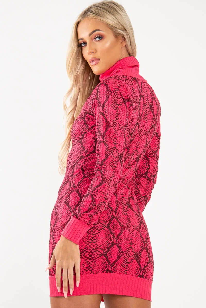 Fuchsia Snake Print Roll Neck Mini Dress - Azani