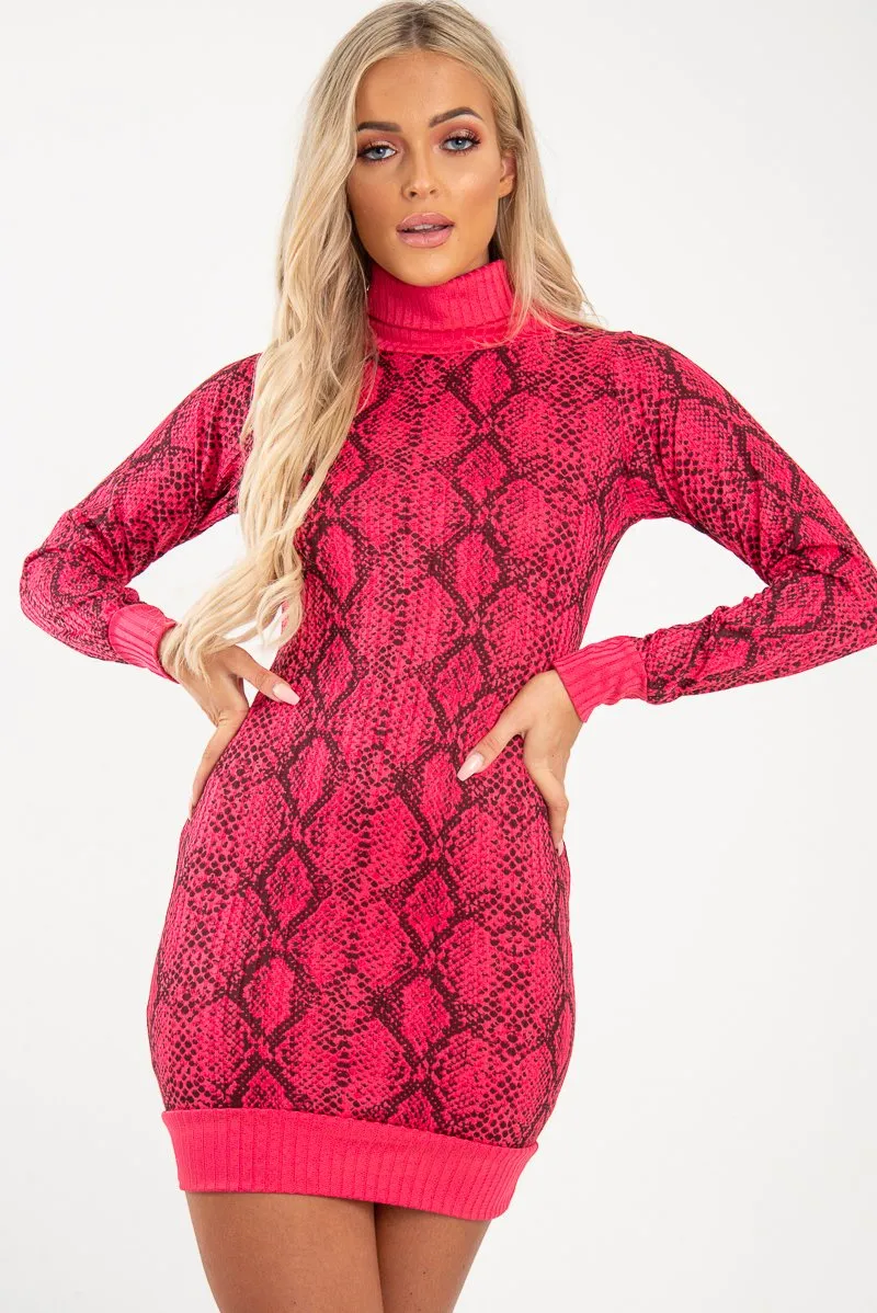 Fuchsia Snake Print Roll Neck Mini Dress - Azani