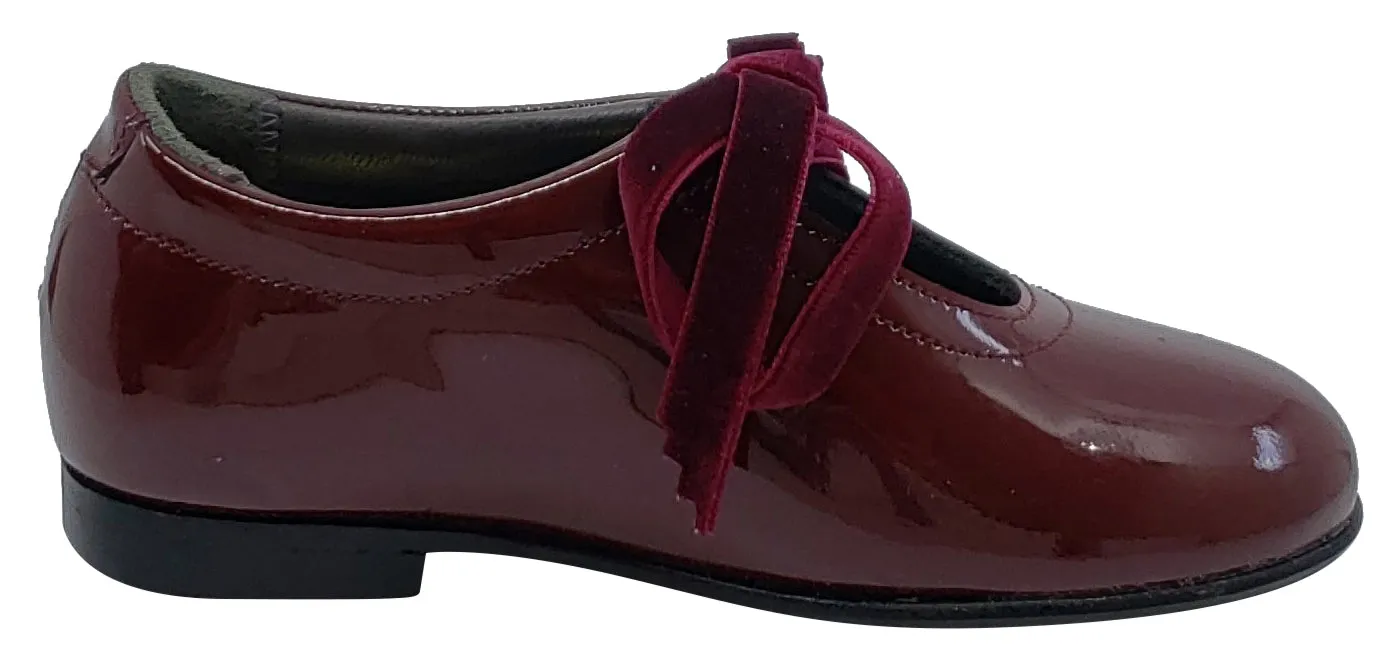 Gepetto's Girl's Burgundy Vino Patent Leather Velvet Laces Slip On U Shape Dress Shoes