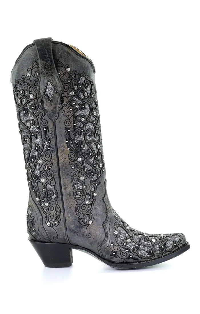 Gray Inlay & Embroidery, Studs, Crystals Western Boot - Corral Boots at Bourbon Cowgirl