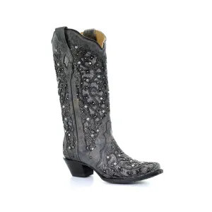 Gray Inlay & Embroidery, Studs, Crystals Western Boot - Corral Boots at Bourbon Cowgirl