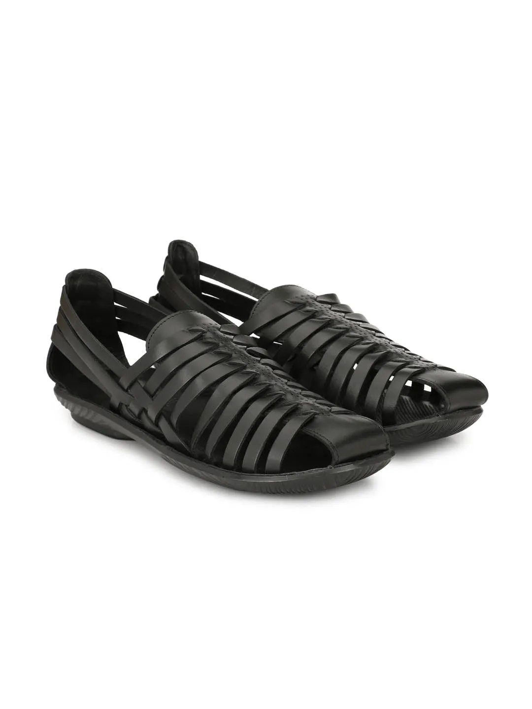 Hitz Men's Black Leather Slip-On Comfort Sandals