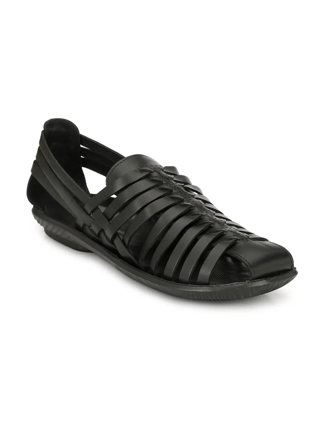 Hitz Men's Black Leather Slip-On Comfort Sandals