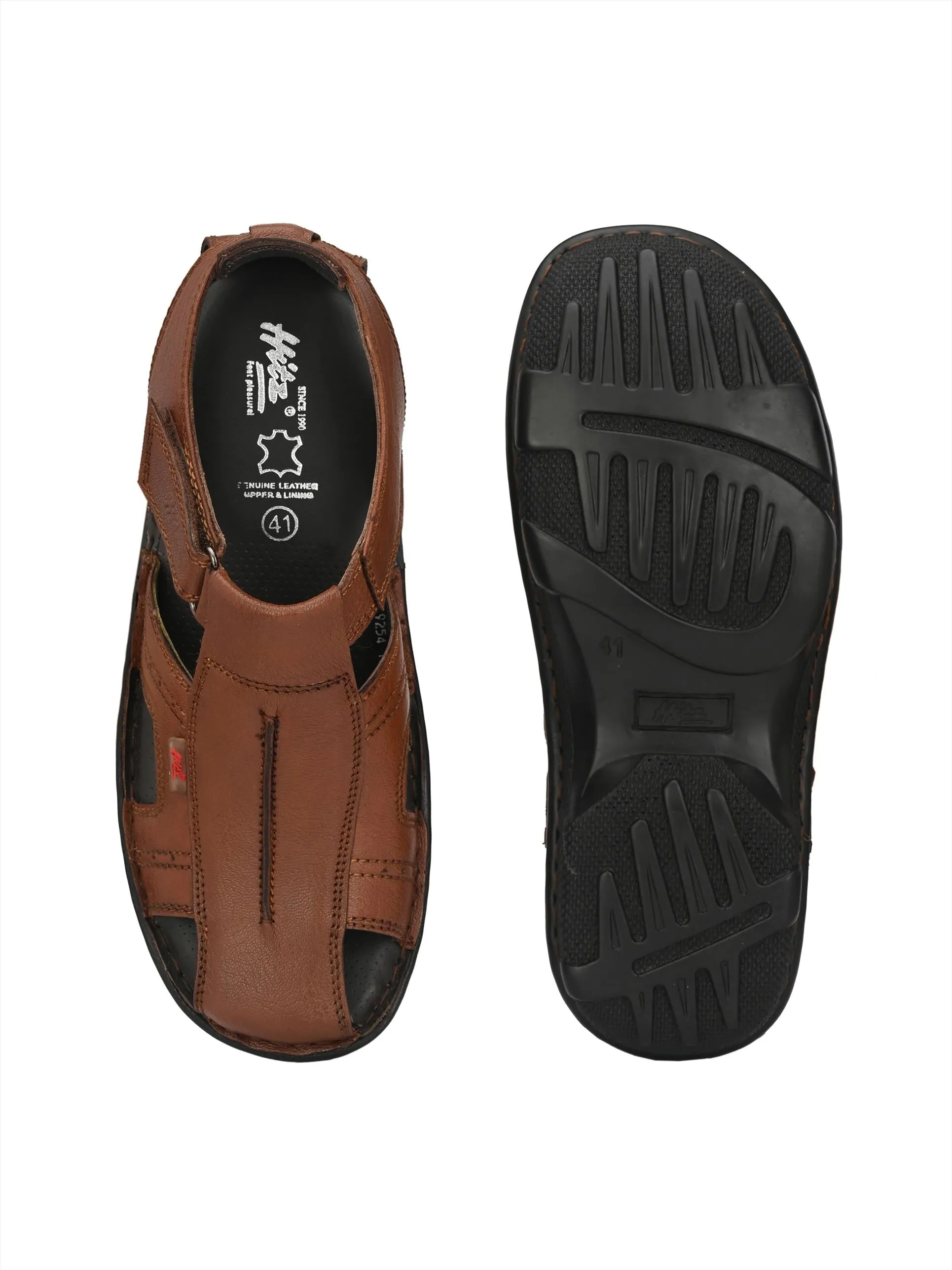 Hitz Men's Tan Leather Comfort Sandals with Velcro Closure