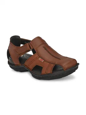 Hitz Men's Tan Leather Comfort Sandals with Velcro Closure