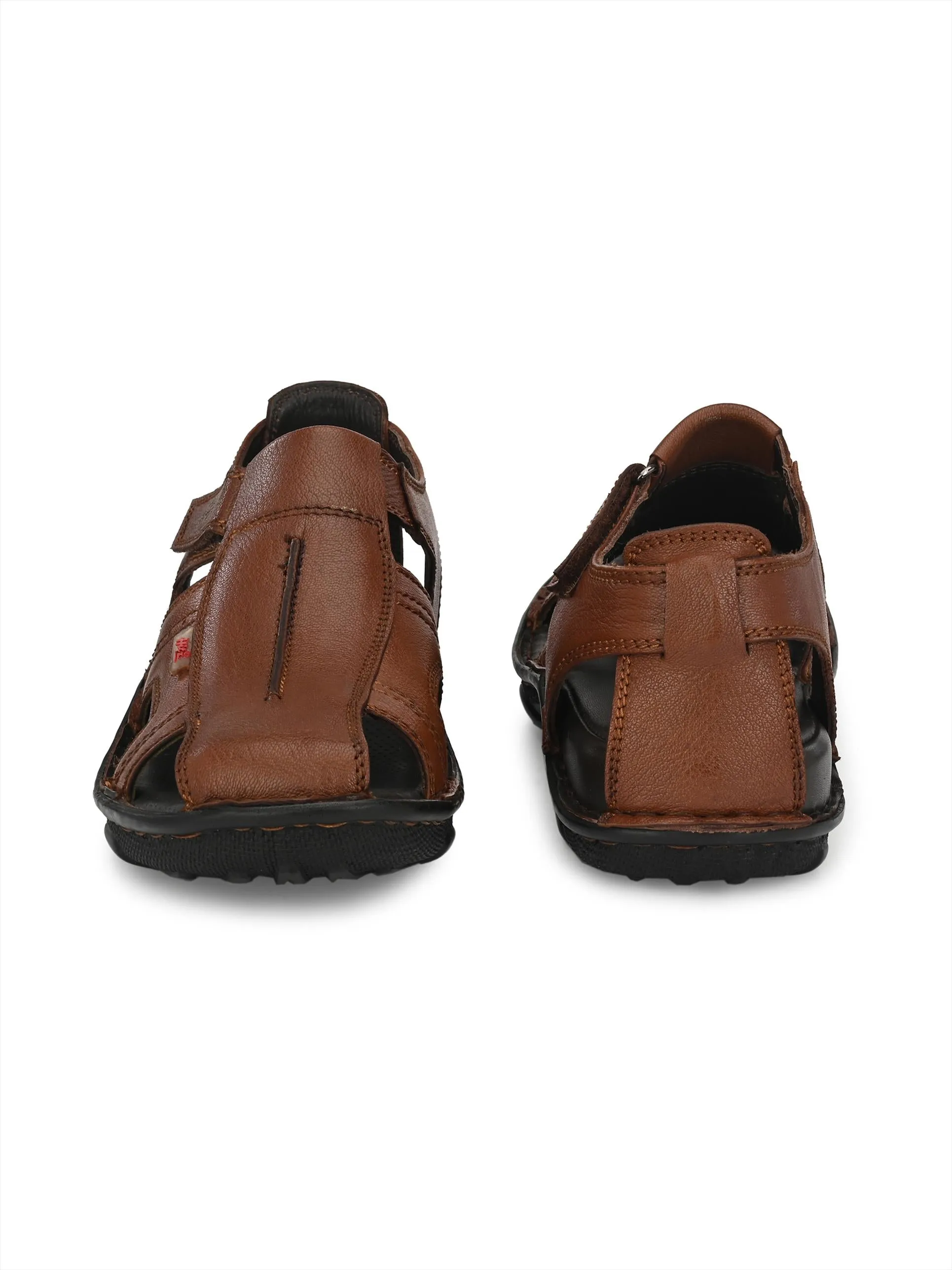 Hitz Men's Tan Leather Comfort Sandals with Velcro Closure