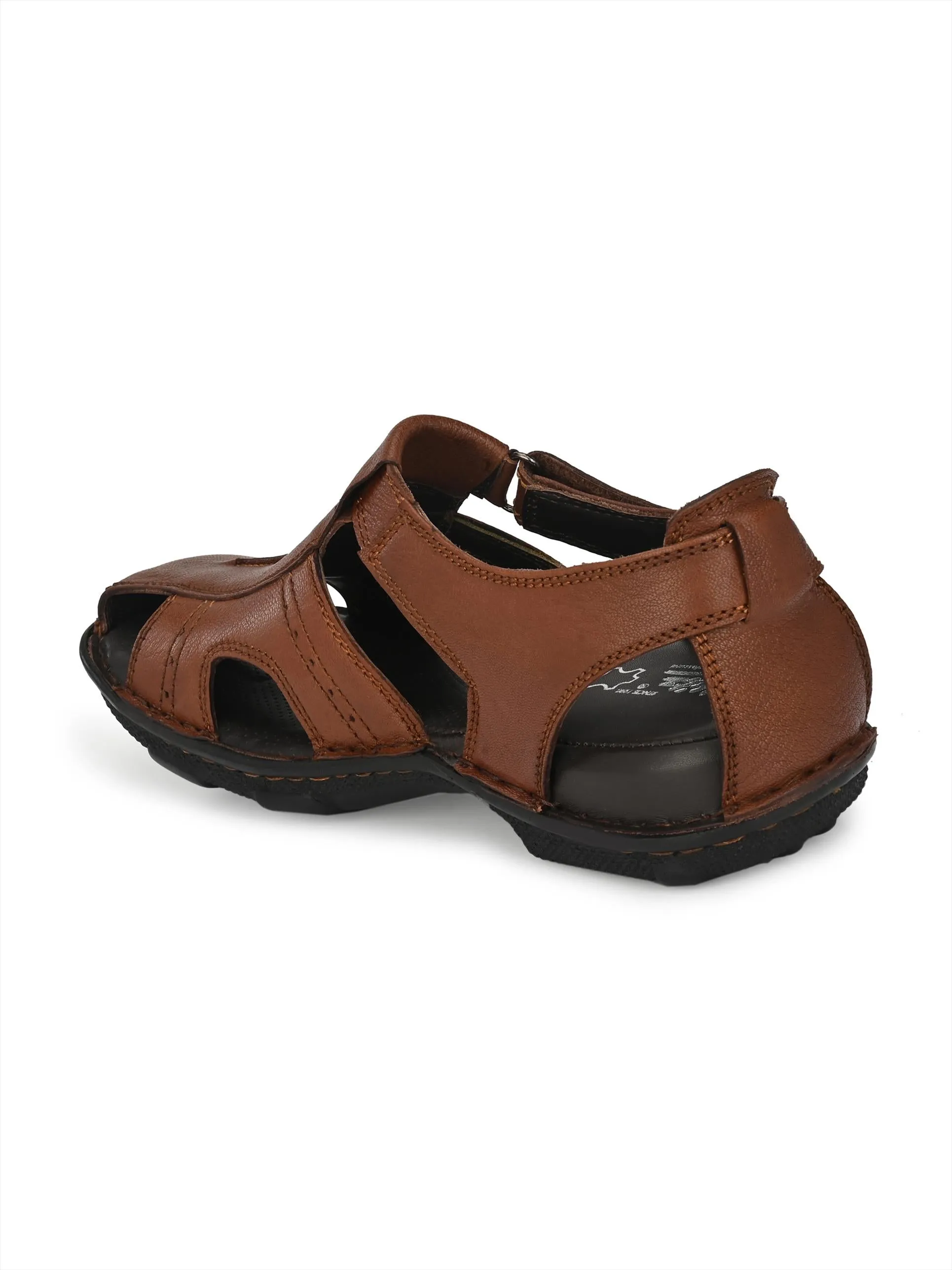 Hitz Men's Tan Leather Comfort Sandals with Velcro Closure