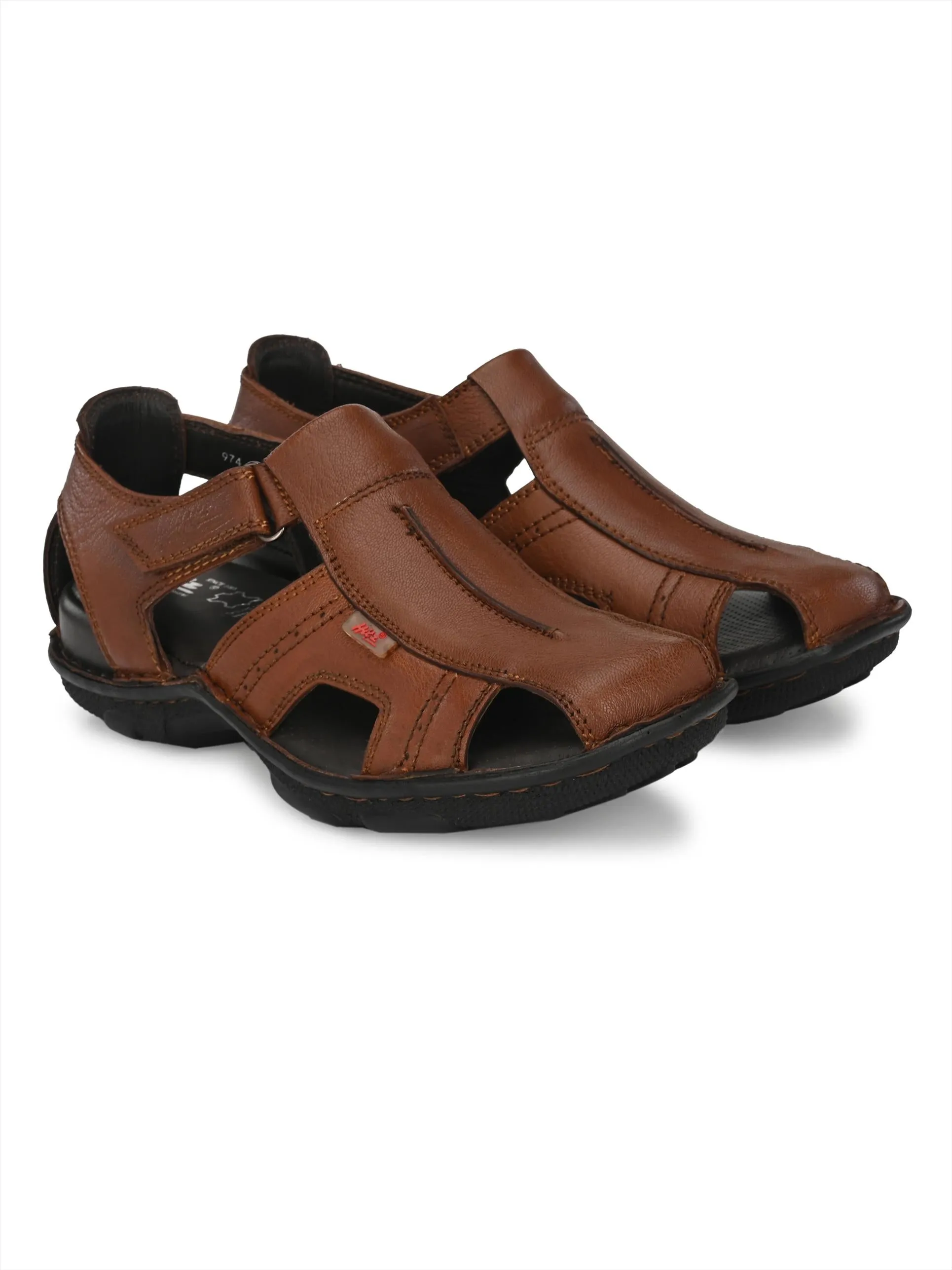 Hitz Men's Tan Leather Comfort Sandals with Velcro Closure