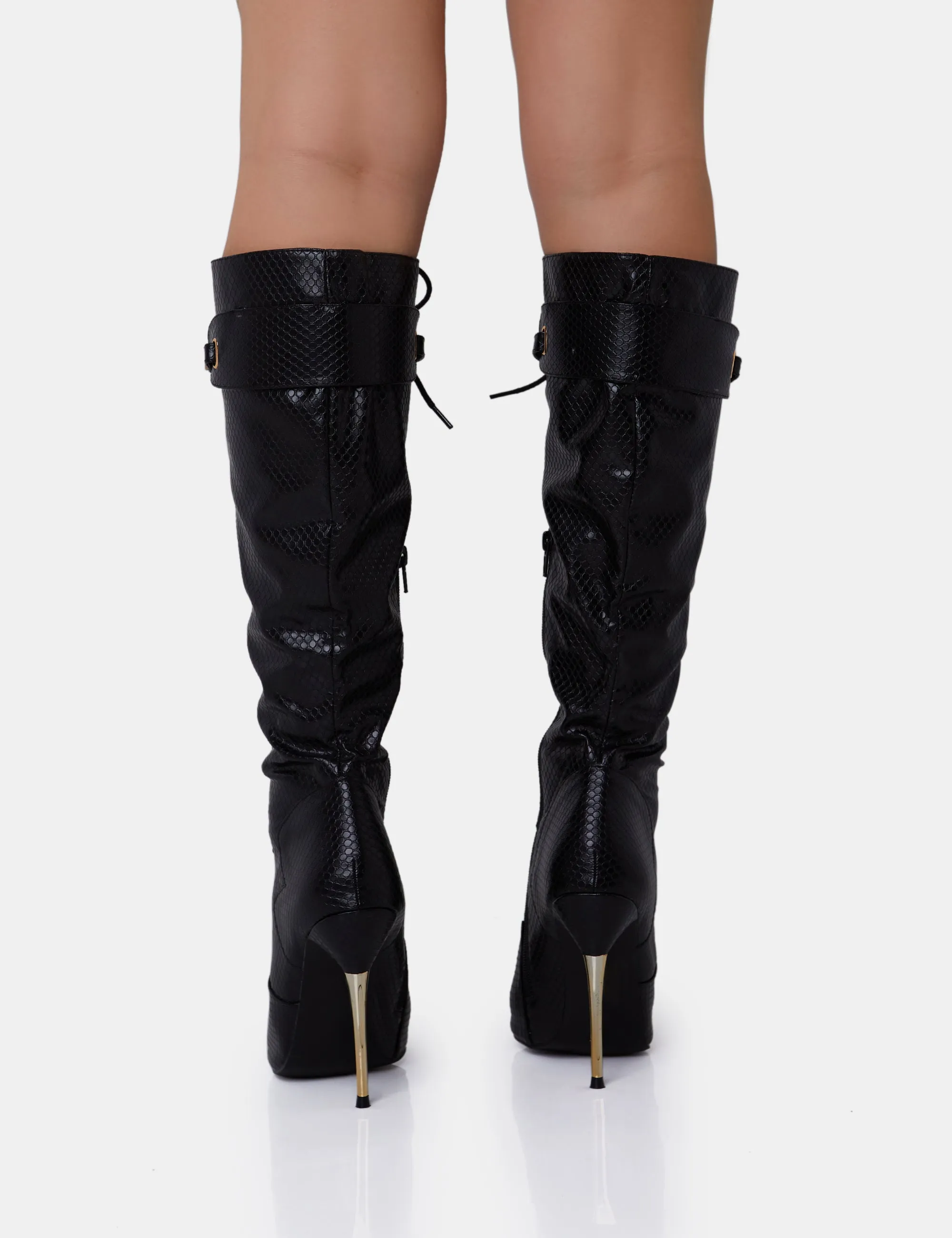 Infatuated Black Croc Lace Up Buckle Feature Stiletto Knee High Boots