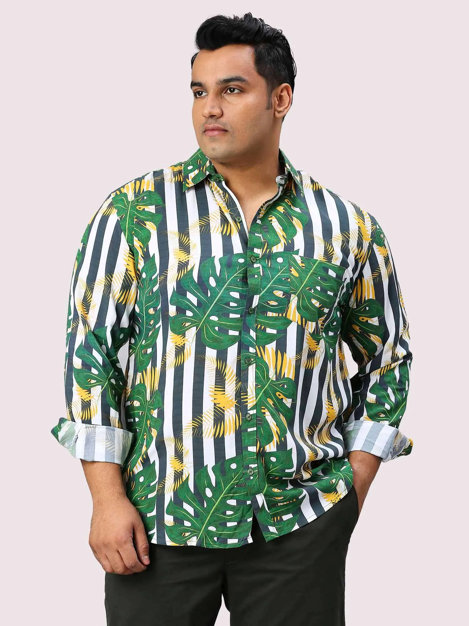 Leaf Stripe Digital Printed Full Sleeve Men's Plus Size Shirt