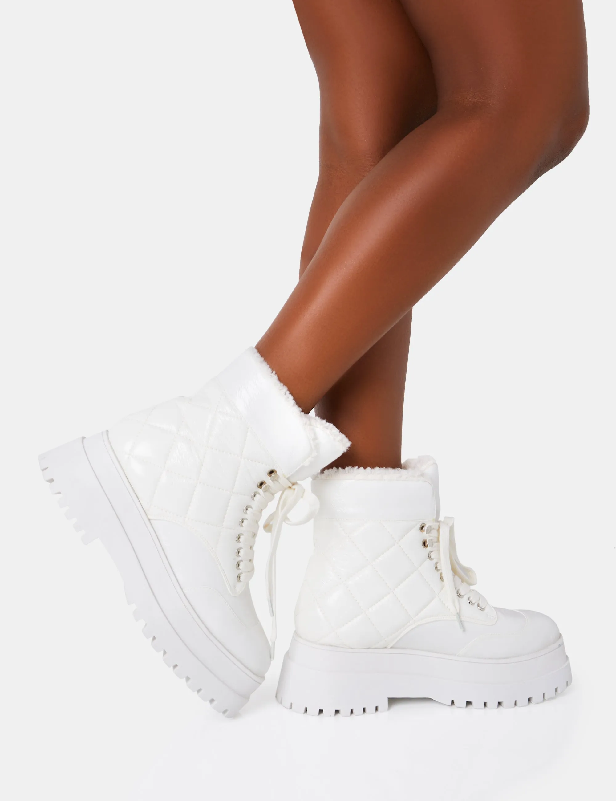 Magda White Patent Quilted Chunky Sole Rounded Toe Ankle Boots