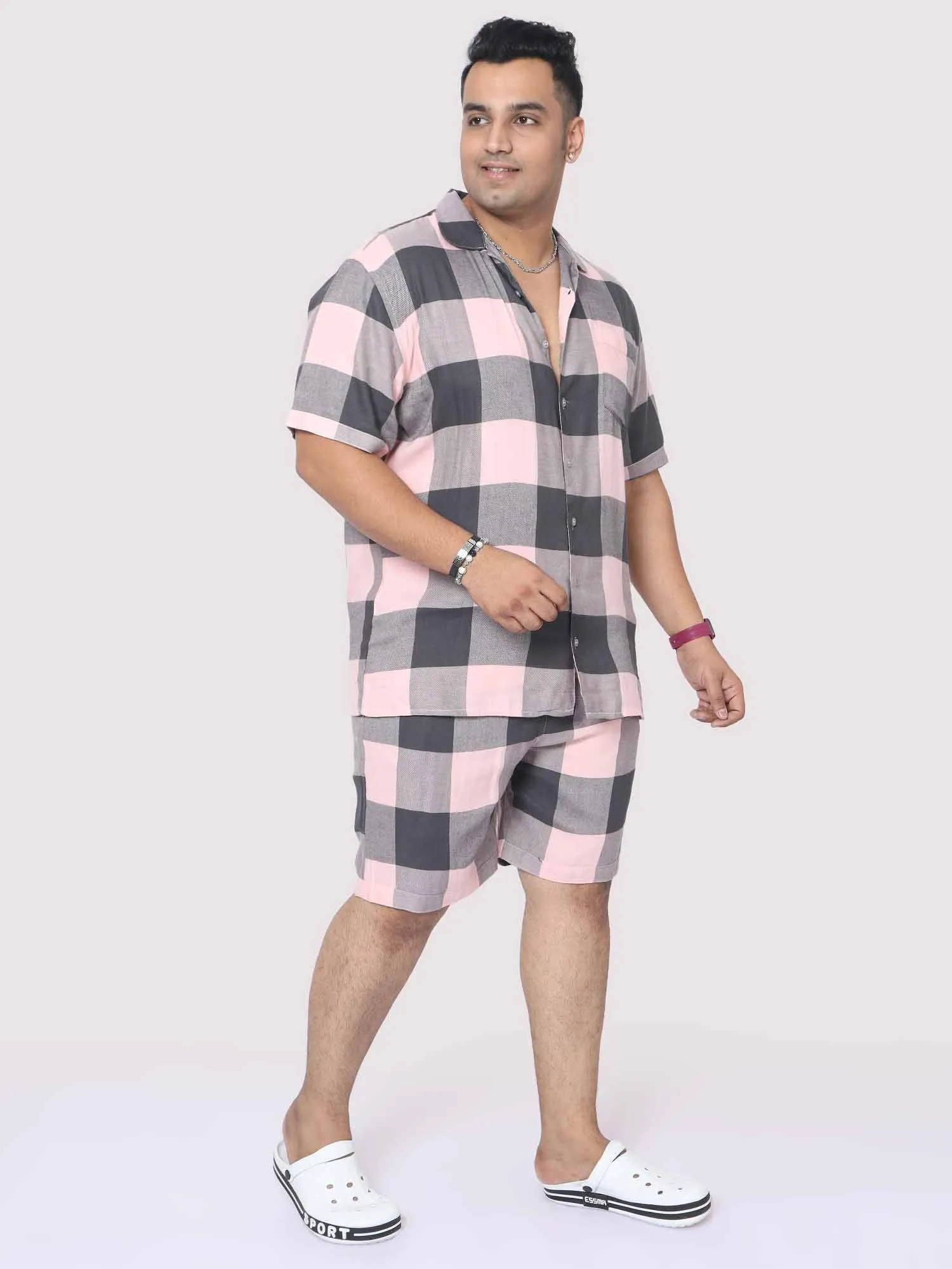 Men Plus Size Blush Grey Checks Printed Half Sleeve Co-Ords