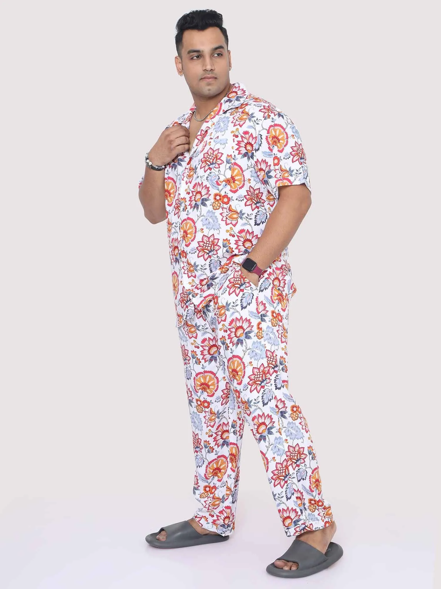 Men Plus Size Botanical Printed Full Sleeve Co-Ords