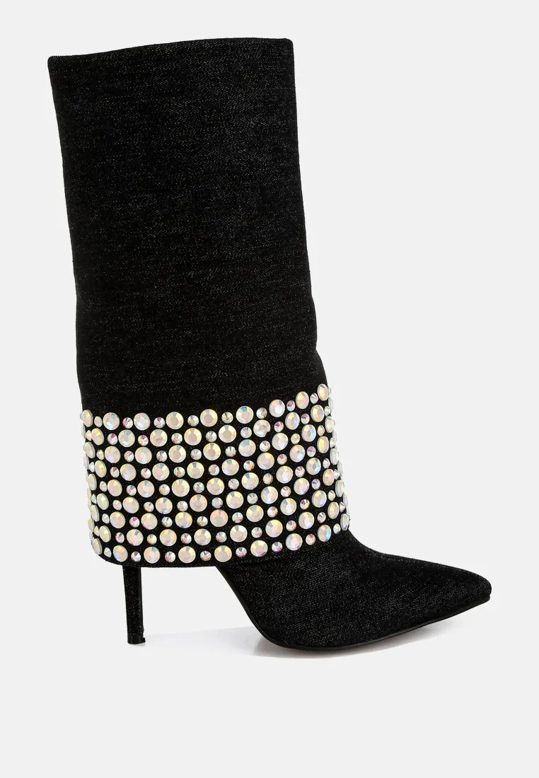 Mike Drop Diamante & Rhinestones Denim Boots