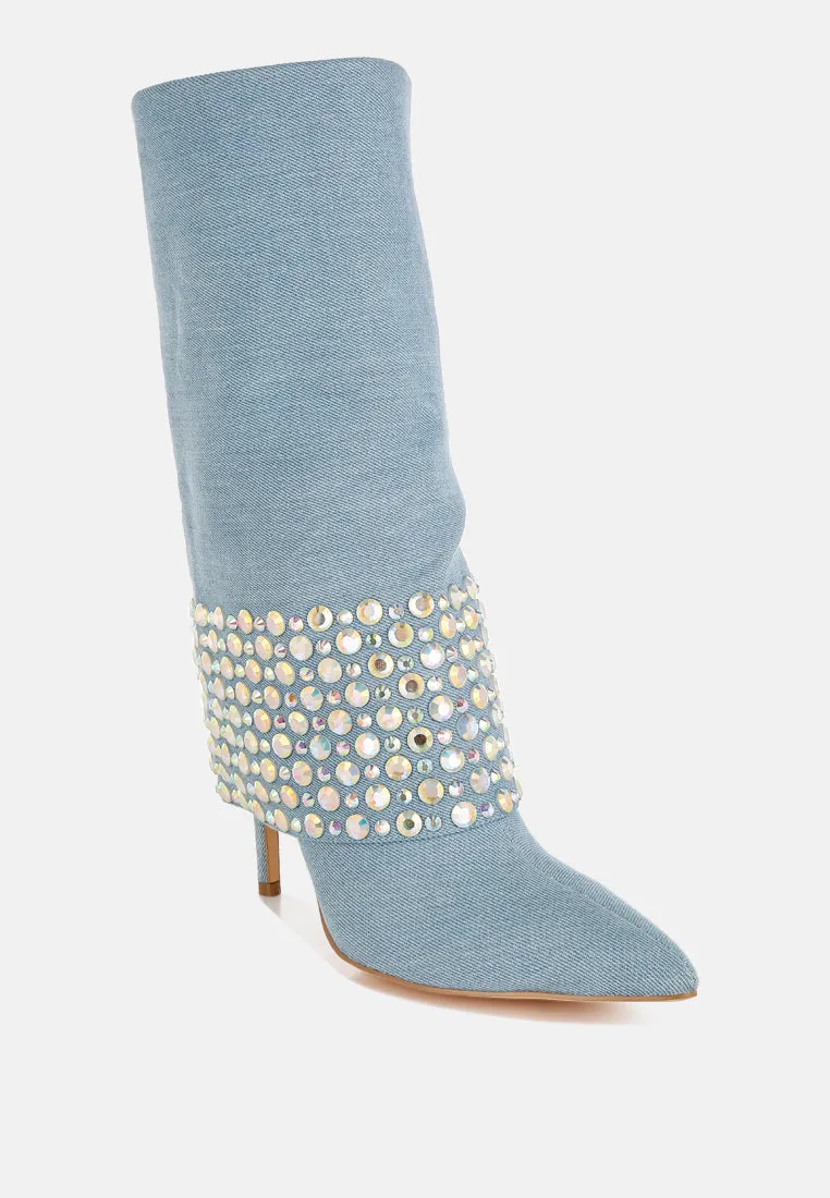 Mike Drop Diamante & Rhinestones Denim Boots