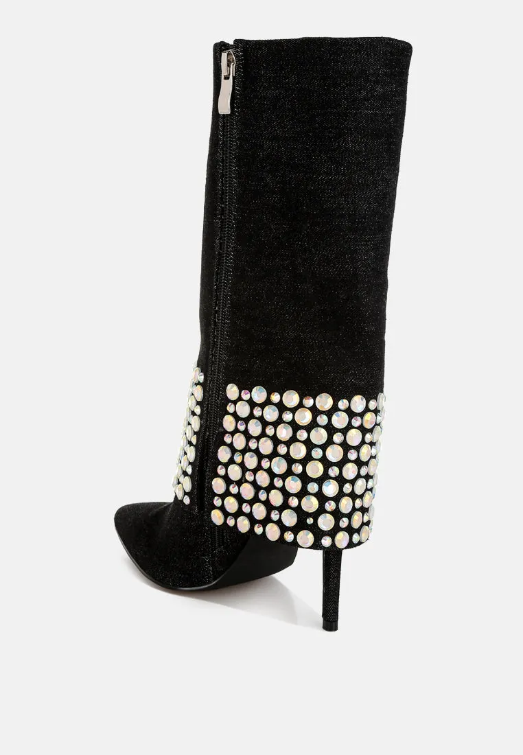 Mike Drop Diamante & Rhinestones Denim Boots