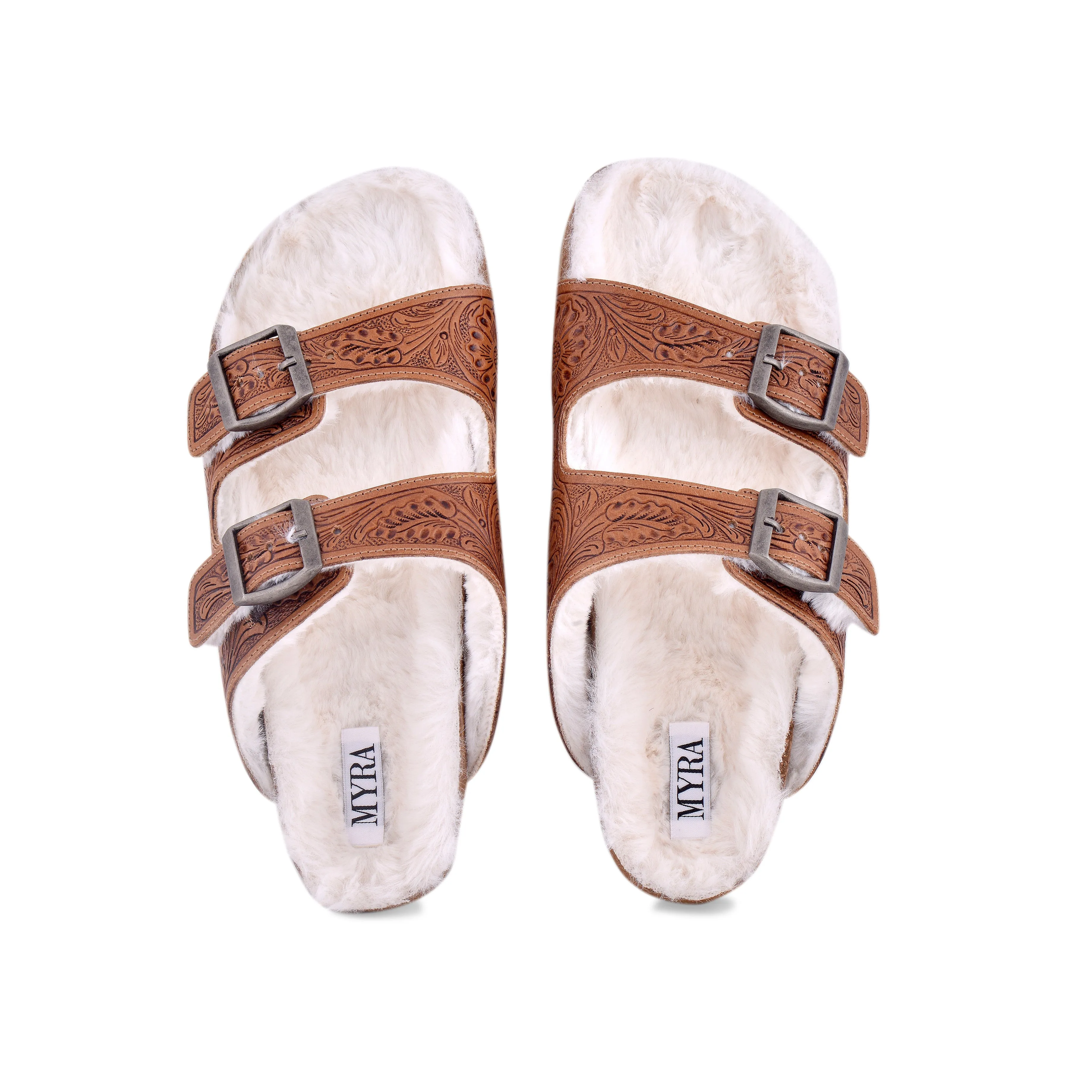 Prairie Winds Hand-tooled Fur Comfort Leather Sandals