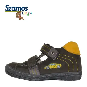 Szamos kid boy sandals in khaki color and race car pattern with double velcro strap toddler/little kid size