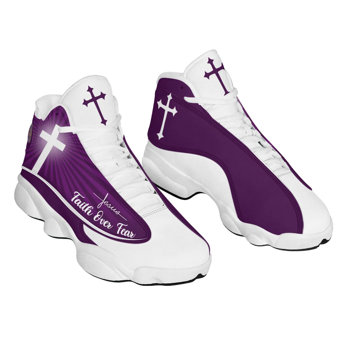 Teesdily | Jesus Faith Over Fear Basketball Shoes, Jesus Basketball Shoes Purple Design, Gift For Jesus Lovers, Christian Unisex Basketball Shoes