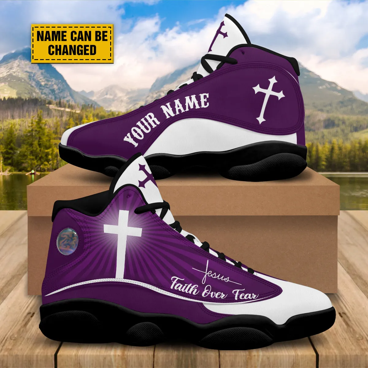 Teesdily | Jesus Faith Over Fear Basketball Shoes, Jesus Basketball Shoes Purple Design, Gift For Jesus Lovers, Christian Unisex Basketball Shoes