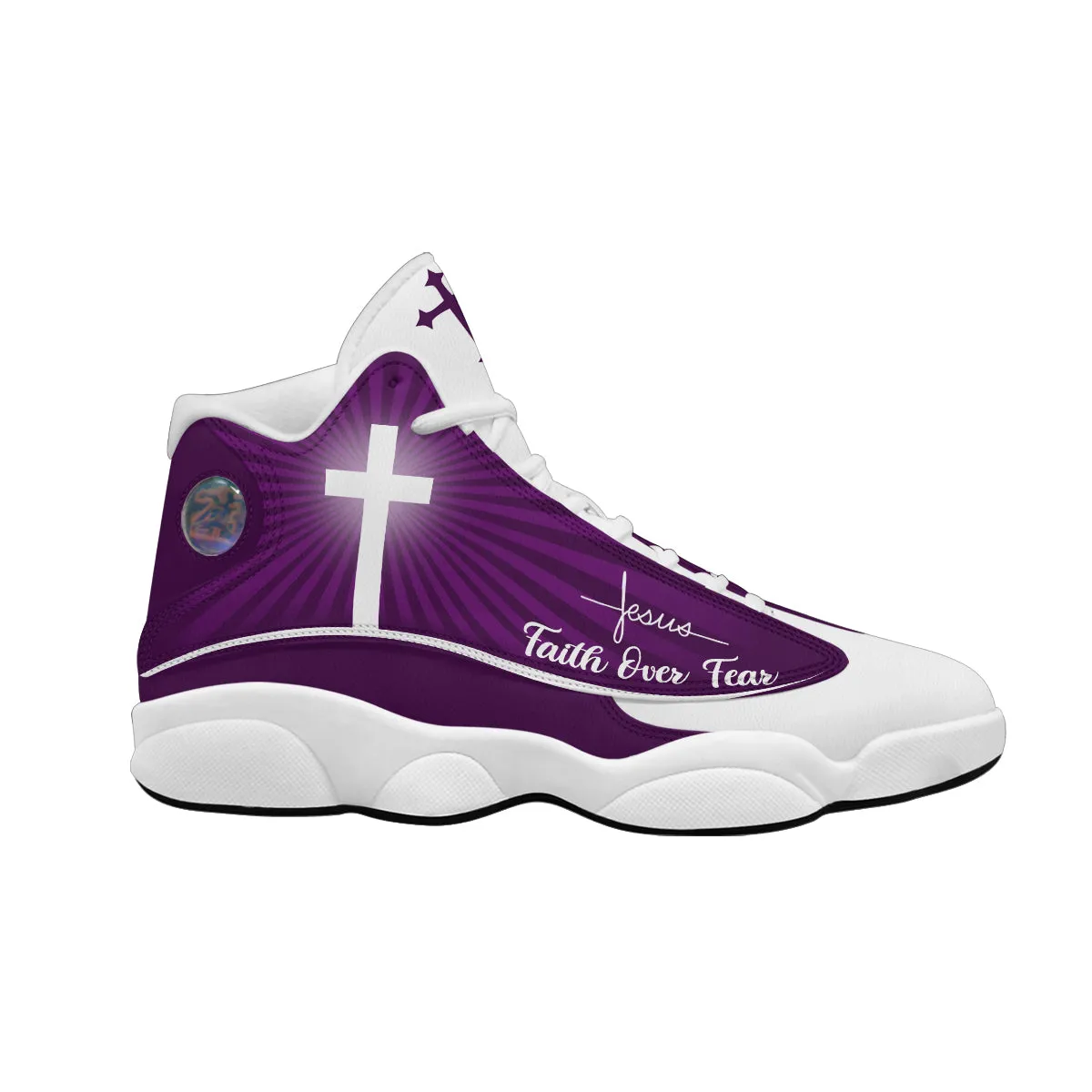 Teesdily | Jesus Faith Over Fear Basketball Shoes, Jesus Basketball Shoes Purple Design, Gift For Jesus Lovers, Christian Unisex Basketball Shoes