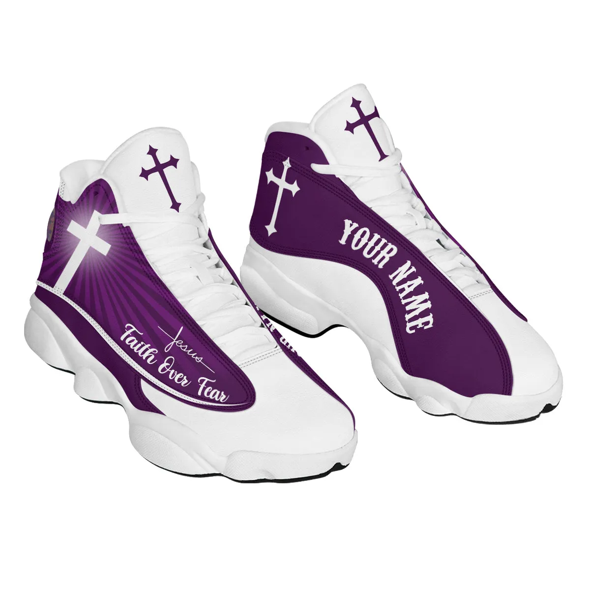 Teesdily | Jesus Faith Over Fear Basketball Shoes, Jesus Basketball Shoes Purple Design, Gift For Jesus Lovers, Christian Unisex Basketball Shoes