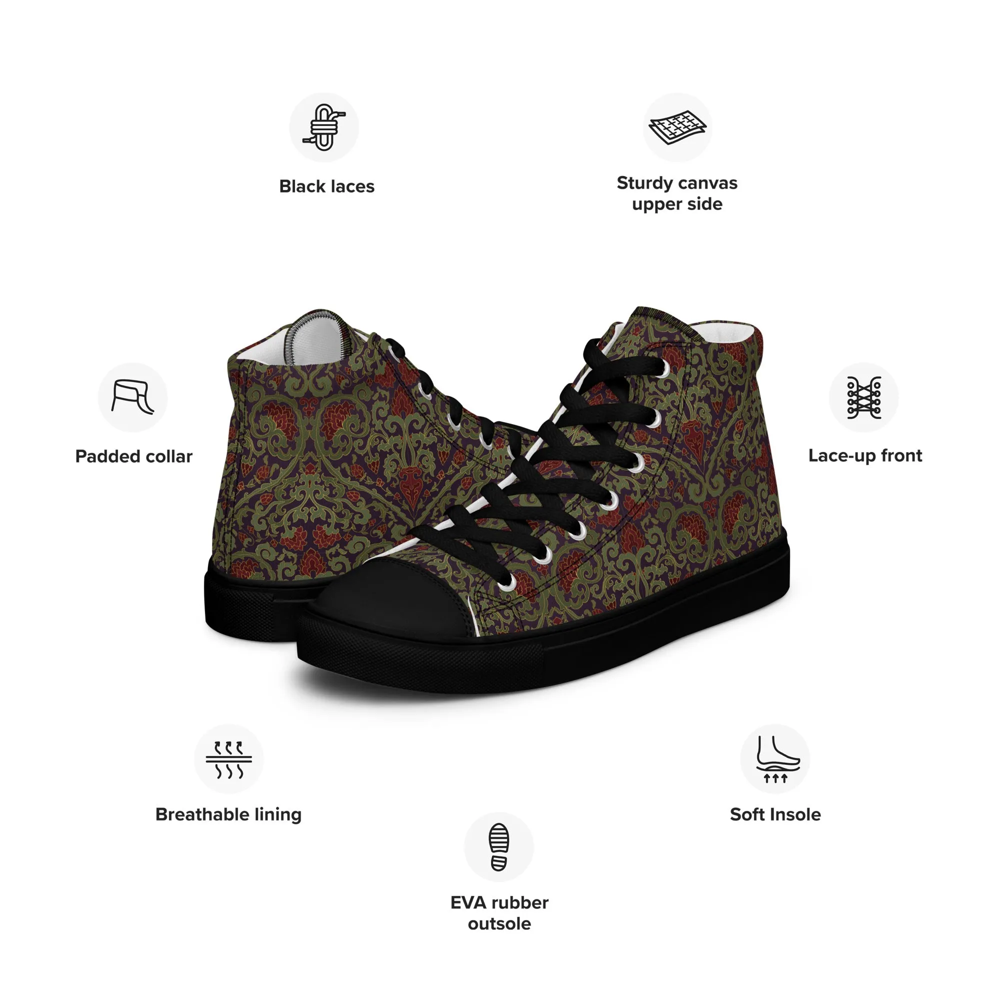 Stylish Unisex High-Top Canvas Sneakers in Dark Ornament Design