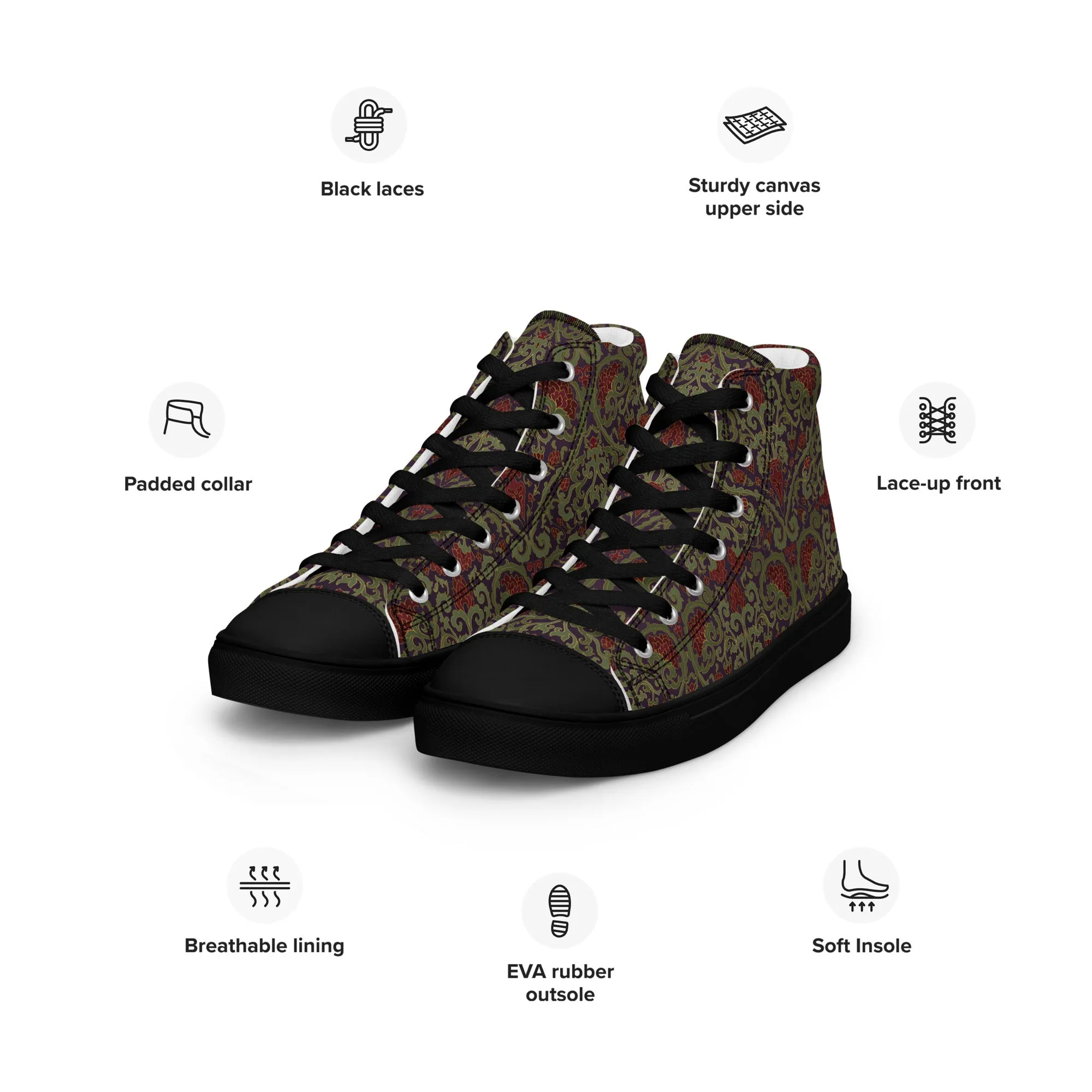 Stylish Unisex High-Top Canvas Sneakers in Dark Ornament Design