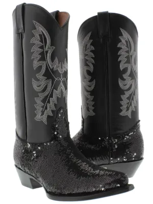 Women's Black Sequins Western Rodeo Cowboy Leather Boots J Toe