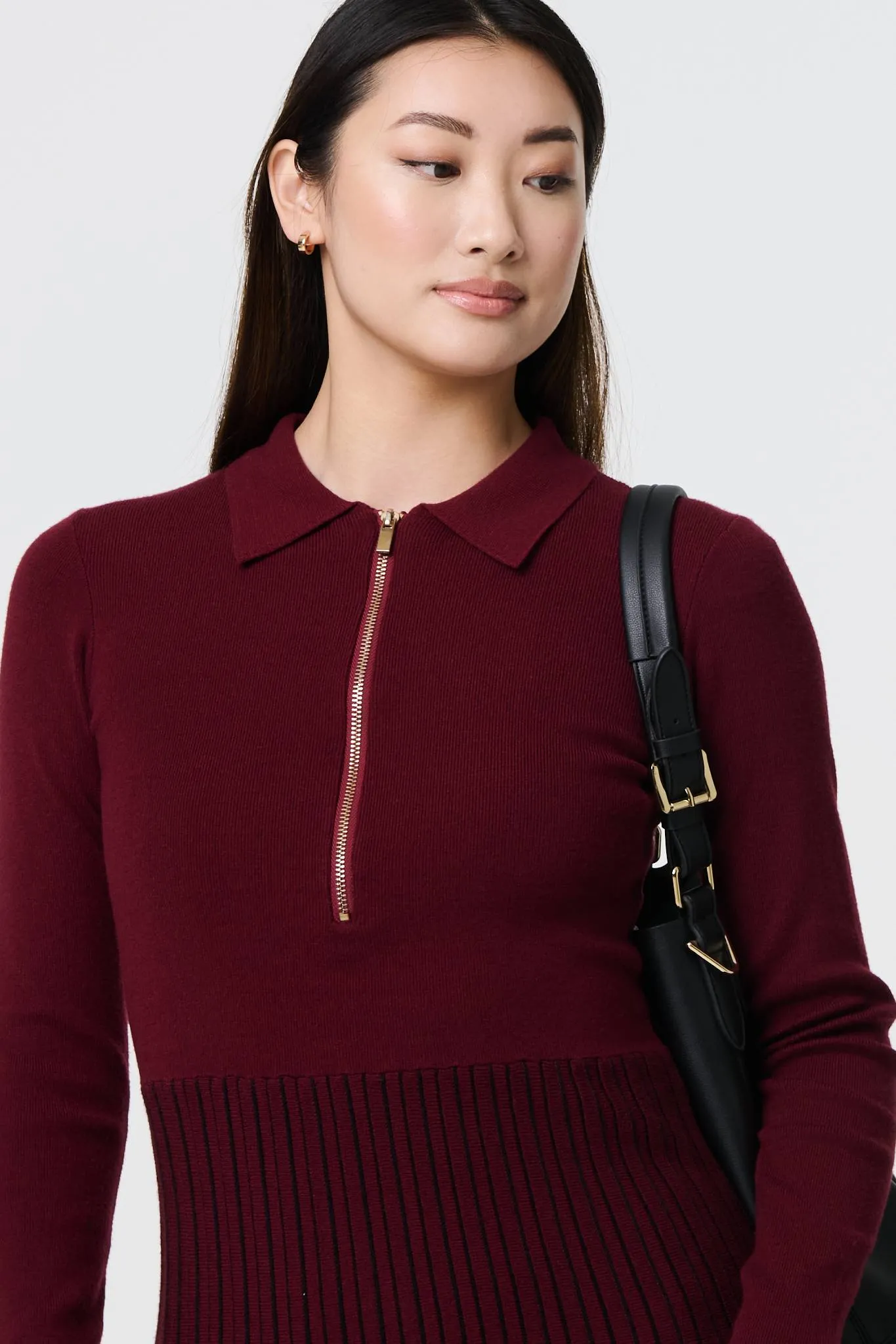 Zip Collar Pleated Knit Midi Dress