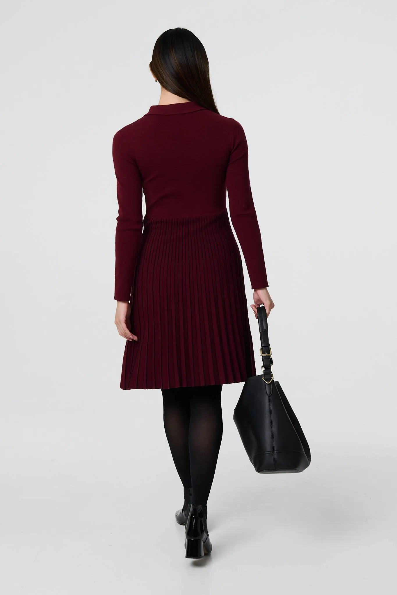 Zip Collar Pleated Knit Midi Dress